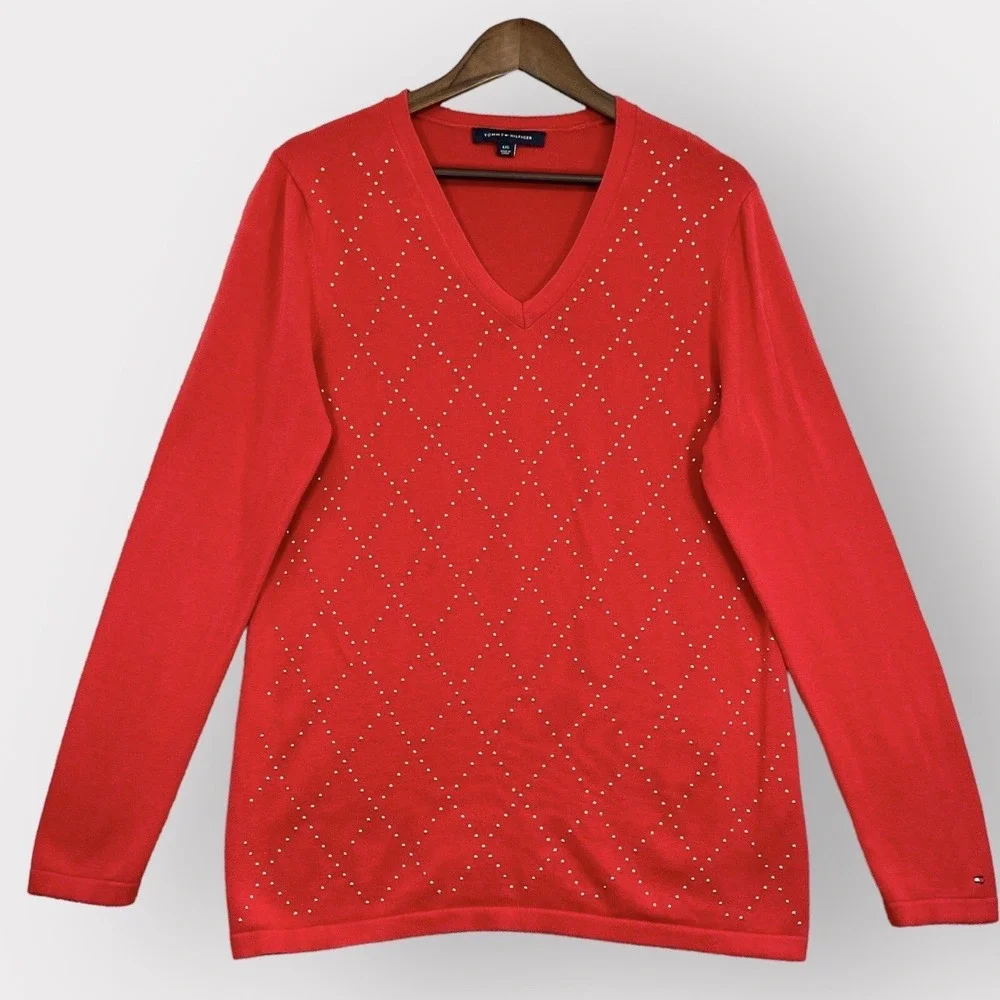 Tommy Hilfiger Sweater Womens Large Red Studded Argyle V-Neck Cotton Excellent